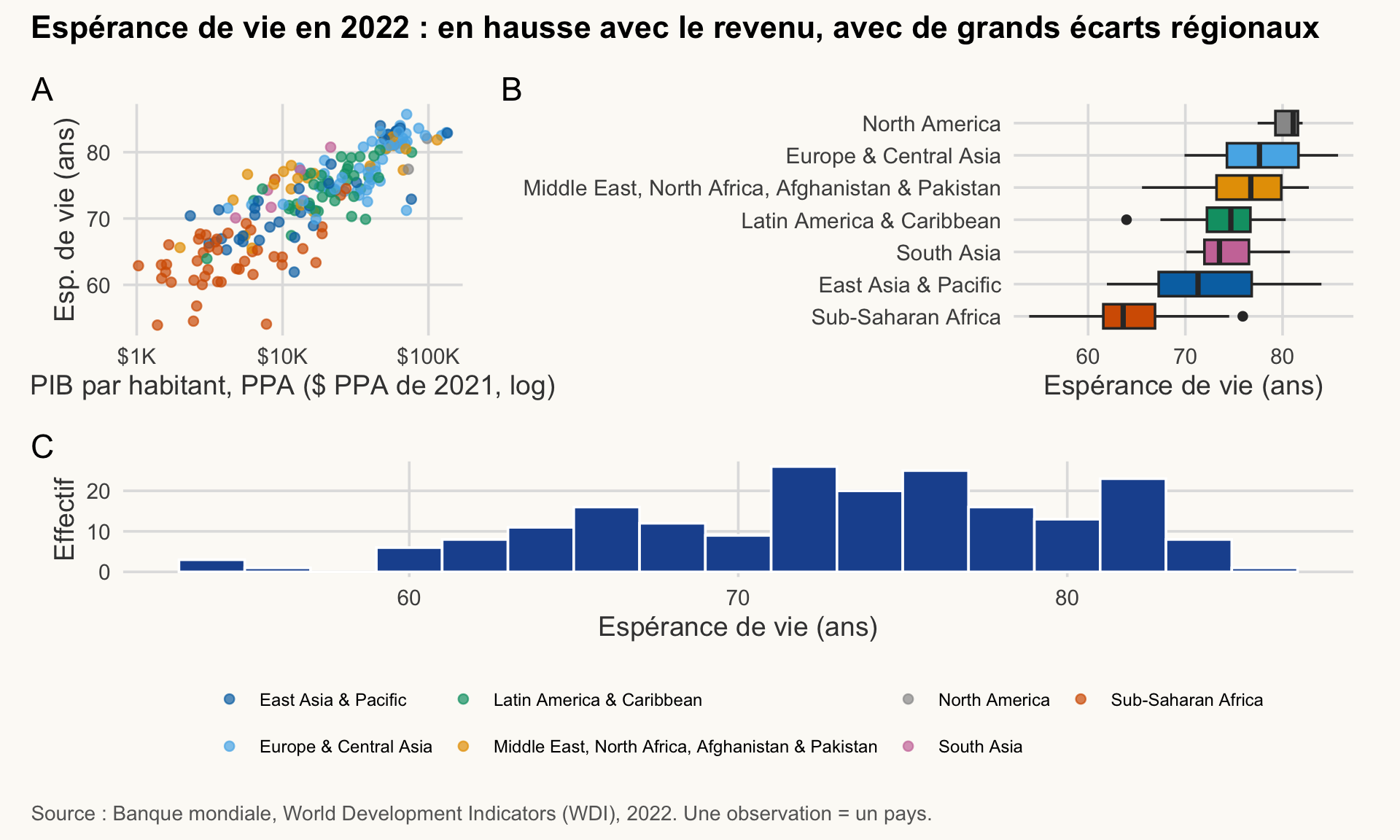 Figure à trois panneaux. A : nuage de points de l'espérance de vie selon le PIB par habitant, par région. B : boîtes à moustaches par région. C : histogramme de l'espérance de vie. Les régions diffèrent et se chevauchent.
